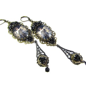 Dark Academia Collection Dark Angel Earrings w/Glossy Black Aluminum Roses & Black Rhinestone Drops image 2