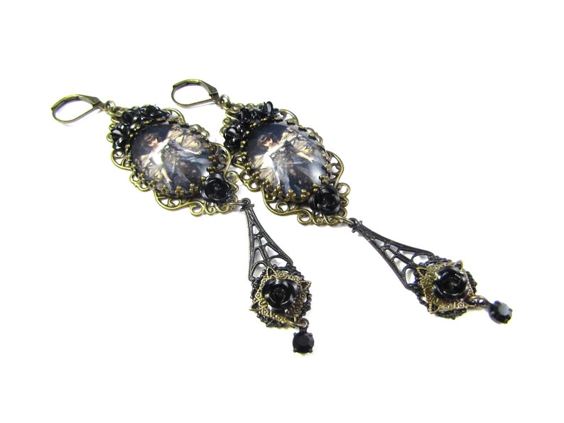 Dark Academia Collection Dark Angel Earrings w/Glossy Black Aluminum Roses & Black Rhinestone Drops image 2