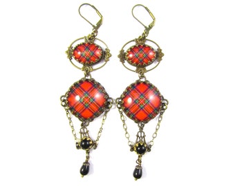 Scottish Tartan Jewelry Royal Stewart Tartan Statement Chatelaine Cascade Chandelier Earrings w/Onyx Black Czech Glass Teardrop Beads