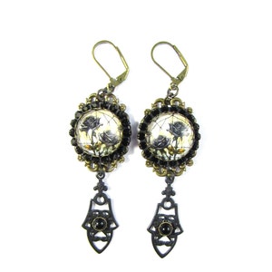 Dark Academia Collection Black Roses Stained Glass Earrings w/Black Rhinestone Bezels and Black Brass Connectors image 2