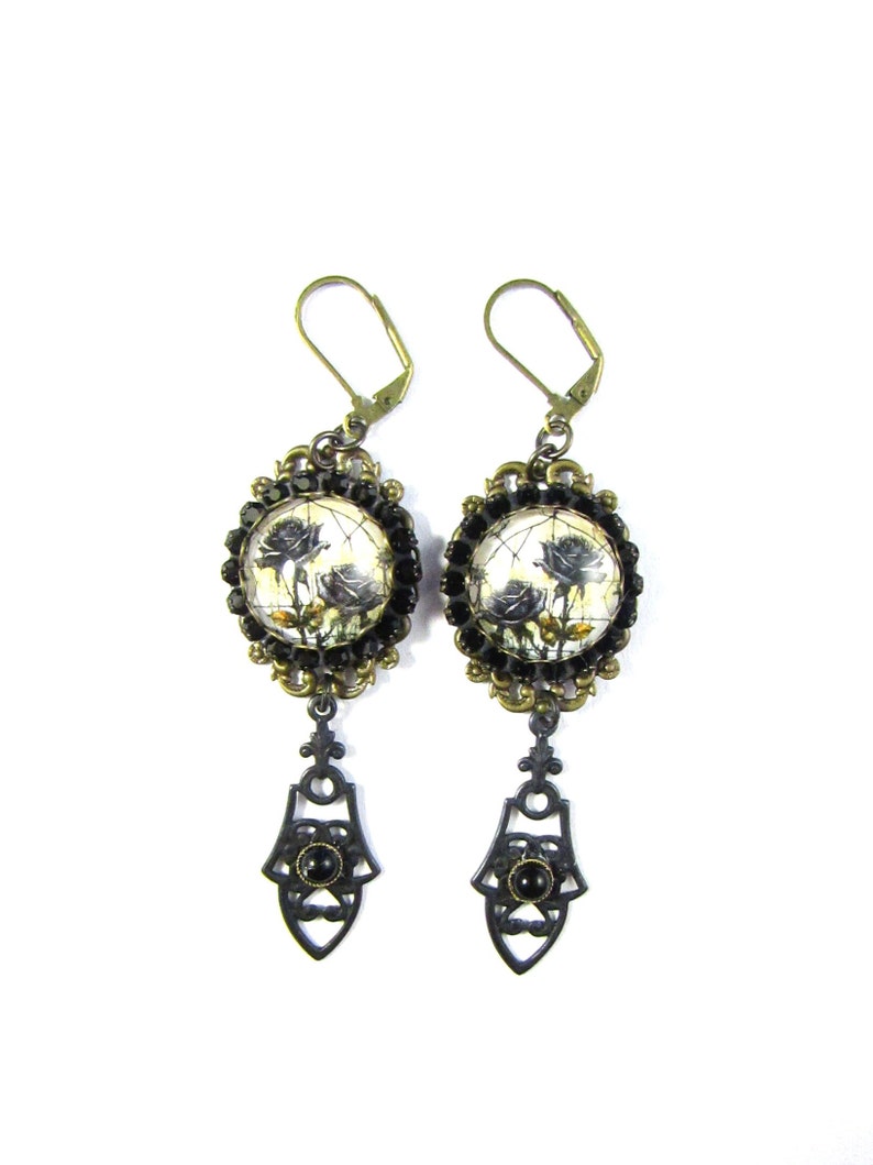 Dark Academia Collection Black Roses Stained Glass Earrings w/Black Rhinestone Bezels and Black Brass Connectors image 2