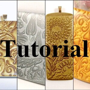 May include: Four rectangular pendants with different embossed patterns. The pendants are gold, silver, and two shades of brown. The word "Tutorial" is superimposed on the image.