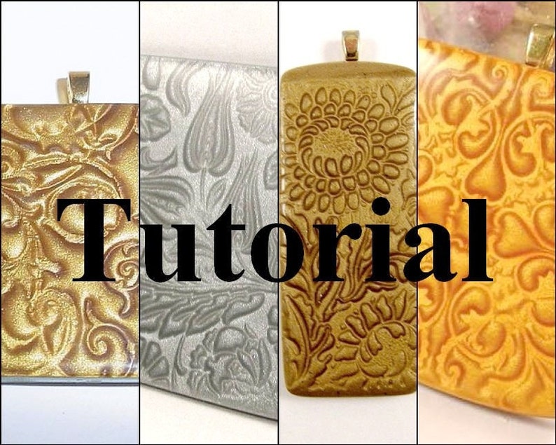 May include: Four rectangular pendants with different embossed patterns. The pendants are gold, silver, and two shades of brown. The word "Tutorial" is superimposed on the image.
