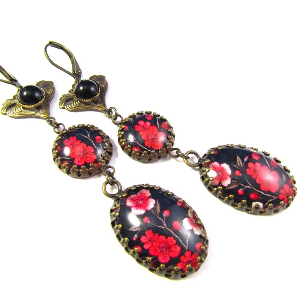 Asian Floral Red and Light Pink Cherry Blossoms on Black Background with Black Onyx Cabs Mounted on Art Nouveau Connectors