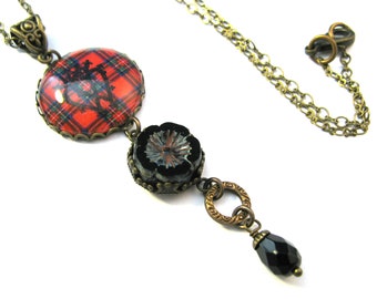 Scottish Tartan Jewelry Royal Stewart Intaglio Motto Necklace w/Black Czech Hibiscus Charm and Czech Crystal Teardrop Bead