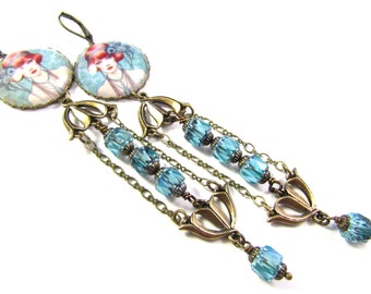 The Diva Collection Angeline Roaring 20s Flapper Girl Earrings with Aqua Cathedral Czech Glass Beads and Art Deco/Art Nouveau Connectors