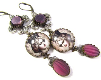 Marie Antoinette Fleur De Lis Earrings w/Vintage Amethyst Fluted Givre Glass Cabochons & Lavender Amethyst Cats Eye Cabs