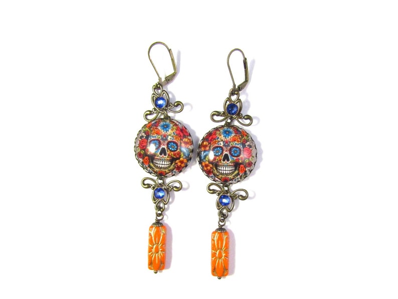 Sugar Skulls Dia de Los Muertos Earrings w/Sapphire Swarovski Crystal Rhinestones & Tangerine Gold Wash Czech Glass Floral Brick Beads image 6