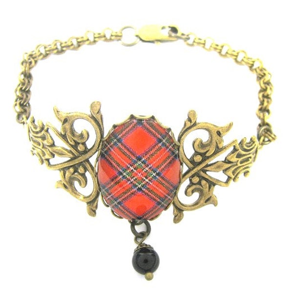 Scottish Tartan Jewelry - Ancient Romance Series - Royal Stewart Filigree Half Double Bracelet with Mystic Black Swarovski Pearl Charm