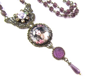 Diva Collection Statement Jewelry Lavender Lady Butterfly Filigree Necklace w/Lavender Porcelain Rhinestone Charms Lavender & Lucite Roses