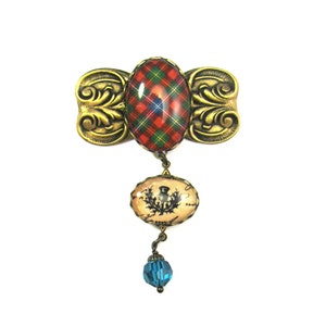 Scottish Tartan Jewelry Forrester Baroque Embossed Bar Brooch w/Thistle Charm & Indicolite Swarovski Crystal Bead image 1
