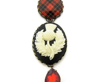 Scottish Tartan Jewelry Wallace Clan Tartan Floral Cameo Brooch w/Siam Red Czech Glass Gem