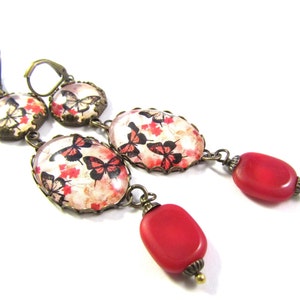 Here Come the Butterflies Scarlet Red Black Cream and Gold Butterfly Earrings with Red Glass Czech Glass Lozenge Beads image 5