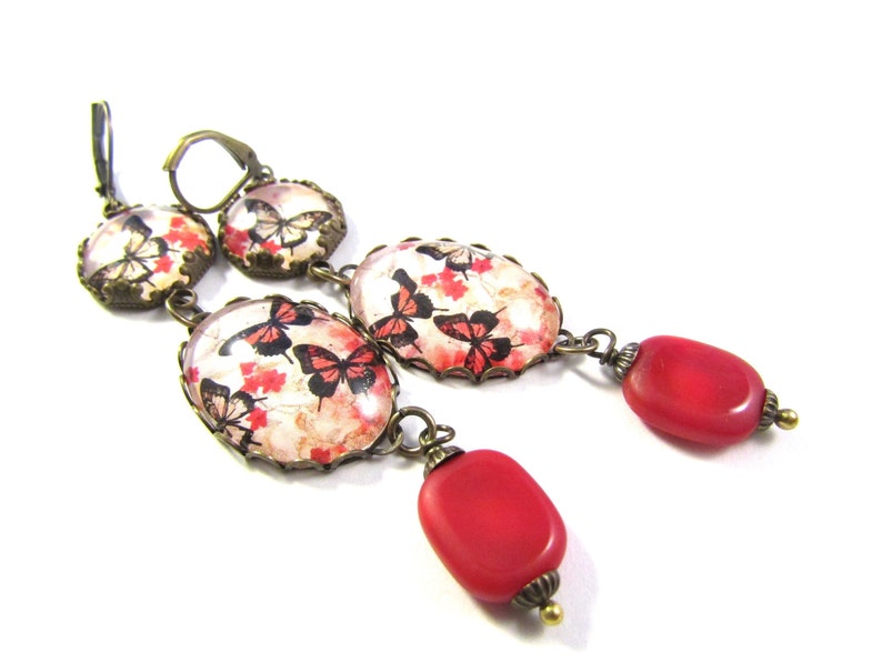 Here Come the Butterflies Scarlet Red Black Cream and Gold Butterfly Earrings with Red Glass Czech Glass Lozenge Beads image 5