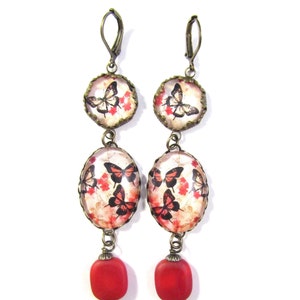 Here Come the Butterflies Scarlet Red Black Cream and Gold Butterfly Earrings with Red Glass Czech Glass Lozenge Beads image 2