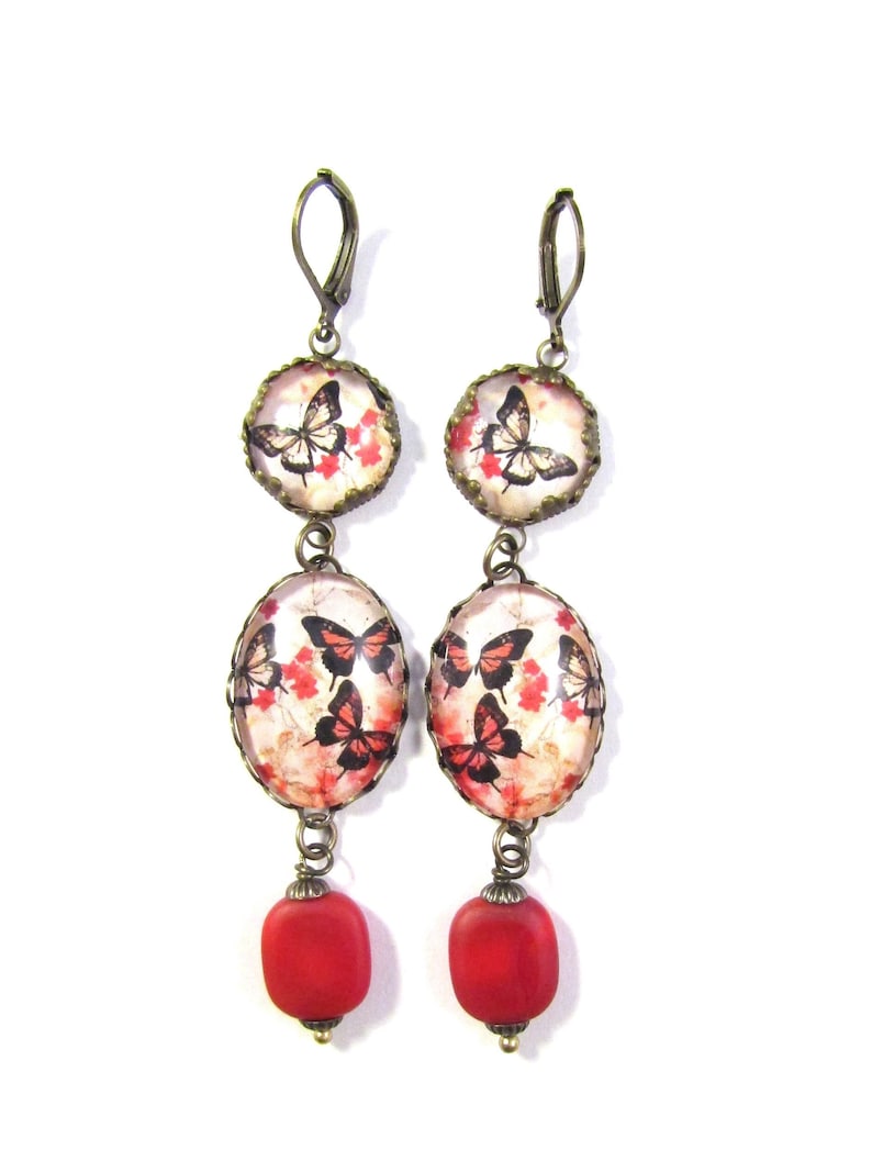 Here Come the Butterflies Scarlet Red Black Cream and Gold Butterfly Earrings with Red Glass Czech Glass Lozenge Beads image 2