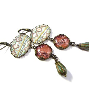 OOAK Statement Jewelry Southwestern Patterned Earrings w/Terra Cotta Bandana Charms and Antiqued Turquoise Green Czech Fluted Beads image 2