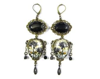 Dark Academia Collection Black Roses Stained Glass Earrings w/Faceted Black Glass Gems Black Brass Teardrops & Black Rhinestone Drops