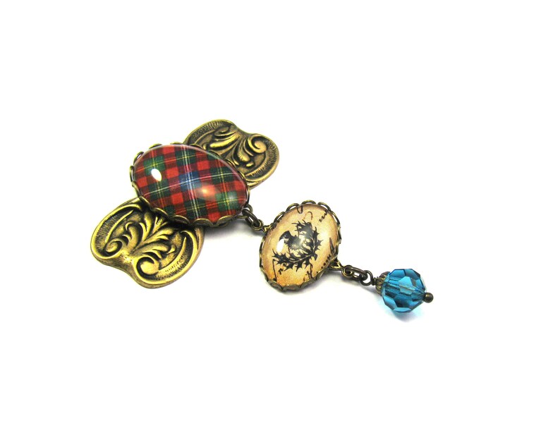 Scottish Tartan Jewelry Forrester Baroque Embossed Bar Brooch w/Thistle Charm & Indicolite Swarovski Crystal Bead image 2