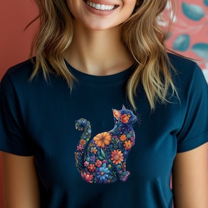 Flowers Cat T-shirt, Floral Cat, Cute Cat T-Shirt, Crazy Cat Lady, Cat Lover T-Shirt, Graphic Unique Kitty Shirt, Flowers T-Shirt,
