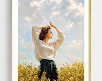 Feminine Portrait Art Print, Woman in Wildflowers Wall Art, Ethereal Nature Painting
