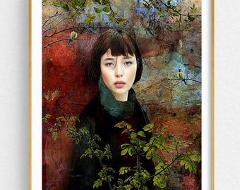 Woman Portrait Fine Art Print, Botanical Birds, Moody Nature Wall Decor, Mixed Media Art