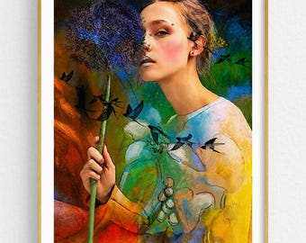 Surreal Woman Portrait Print, Colourful Botanical Wall Art with Birds and Flowers