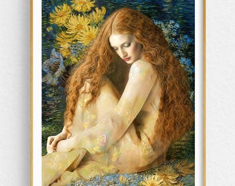 Redhead Woman Floral Art Print, Romantic Feminine Portrait, Blue and Gold Wall Art