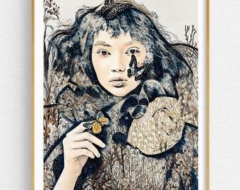 Surreal Woman Fine Art Print with Butterflies, Blue Botanical Feminine Portrait Wall Art