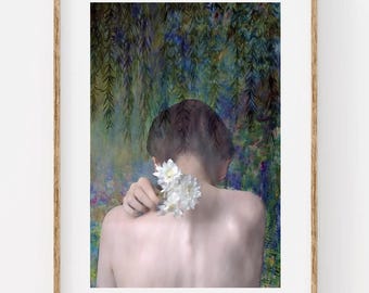 Ethereal Woman Wall Art, Botanical Feminine Print, Floral Woman Portrait, Surreal Nature Poster