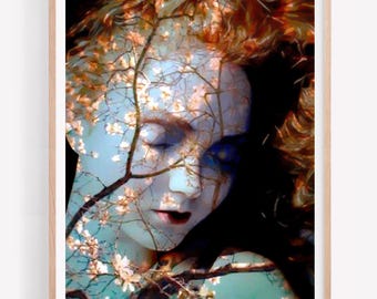 Ethereal Woman Portrait Print, Floral Double Exposure Collage Art, Whimsical Abstract Wall Art