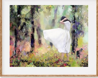 Whimsical Forest Woman Wall Art, Dreamy Nature Painting, Ethereal Woodland Decor