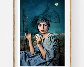 Surreal Woman Portrait Print, Mixed Media Collage, Moody Whimsigoth Art (Fine Art Paper))