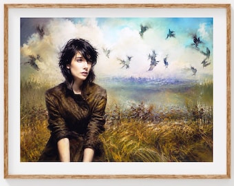 Woman in Meadow Art Print | Surreal Female Portrait | Moody Feminine Painting | Dreamy Landscape Decor