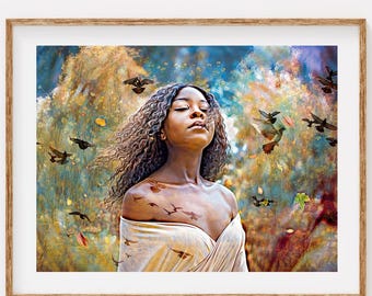 Black Woman Portrait Art Print, Birds & Nature, Ethereal Feminine Wall Art