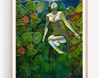 Water Lily Woman Fine Art Print, Ethereal Floating Portrait, Blue Green Botanical Wall Art