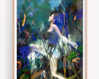 Abstract Figurative Woman Art Print, Ethereal Female Portrait Wall Art, Contemporary Fine Painting