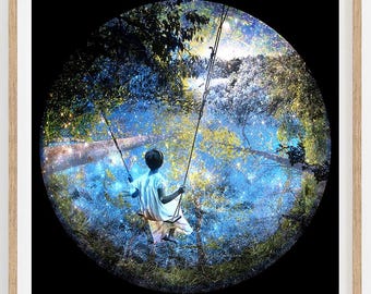 Surreal Fine Art Print: Child on Swing in Enchanted Forest, Blue Gold Night Sky