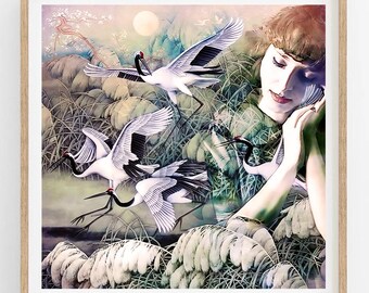 Dreamy Crane Wall Art Print, Surreal Woman Portrait, Japanese-Inspired Fine Art