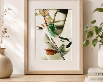Surreal Woman Portrait Art Print with Birds | Botanical Wall Art
