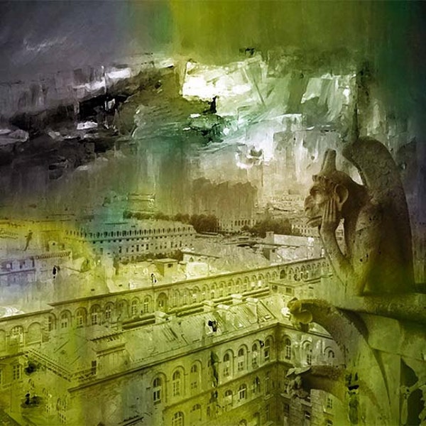 Paris, Cityscape, Moss green, Painted Photography, Photo Fusion, Collage, Fine Art Giclee Print