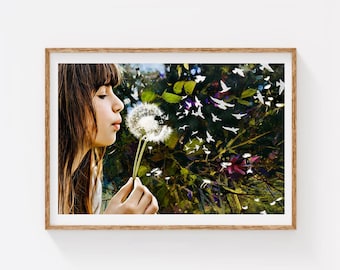 Dandelion Girl Wall Art Print, Whimsical Nature Portrait, Botanical Decor