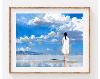 Blue Cloudscape Fine Art Print, Serene Woman Wall Art, Dreamy Sky Landscape