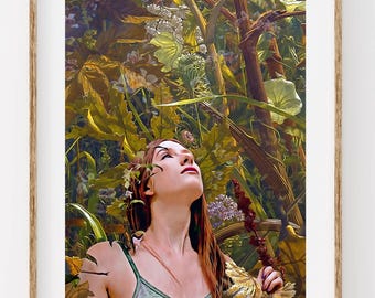 Woodland Goddess Wall Art Print, Ethereal Nature Woman Portrait, Botanical Fine Art