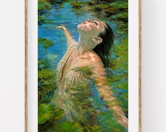 Water Lily Woman Art Print, Serene Pond Portrait, Blue Green Figurative Wall Art
