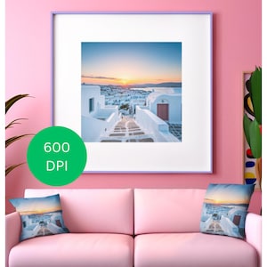 Mykonos Griechenland Digitaler Download Kunstdruck - Weiße Gebäude & Sonnenaufgang über Wasser, Wand Kunst, Mediterrane Dekoration