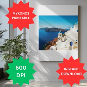 Mykonos Griechenland Digital Download, weiße Gebäude über Wasser, Wandkunst, griechische Insel Wand, Reise Poster, Mittelmeer Dekor, JPG