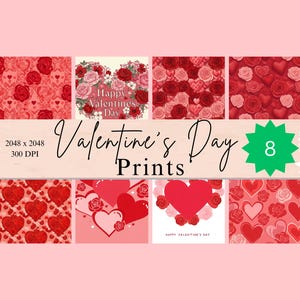 Valentijnsdag 2025 JPG digitale downloadbundel, schattig afdrukbaar papier met rood roze hart en roos, voor cadeau, dagboek, plakboek, kunst, ambacht