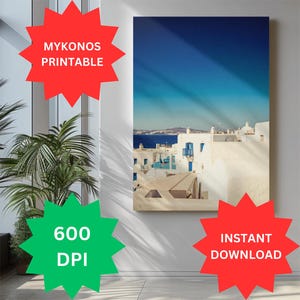 Impression d'art en téléchargement numérique Mykonos Grèce, bâtiments blancs, eau de mer, art mural île grecque, affiche de voyage, décoration méditerranéenne