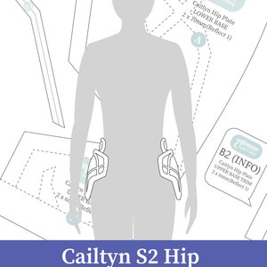 May include: A digital pattern for a Cailtyn S2 hip plate, with instructions to reflect the pattern for both sides. The pattern is labelled "B2 (INFO)" and includes measurements in millimetres. The pattern is designed for cosplay and crafting.